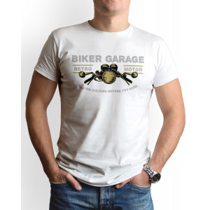 Tricou barbat personalizat, "Biker Garage", bumbac, Oktane, alb